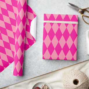 Papel De Presente Xadrez de Diamantes Harlequim Rosa Claro e Escuro