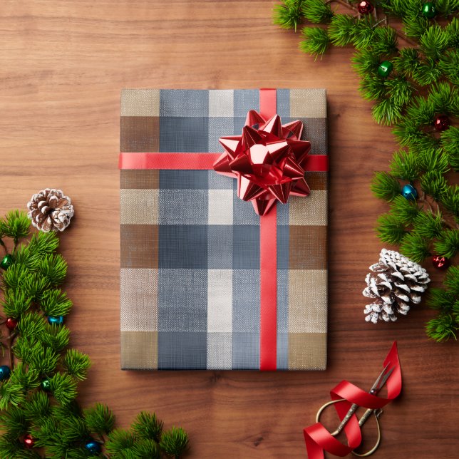 Papel De Presente Xadrez de Gergelim Azul Marrom Rústico Padrão Xadr (Presente de Natal)