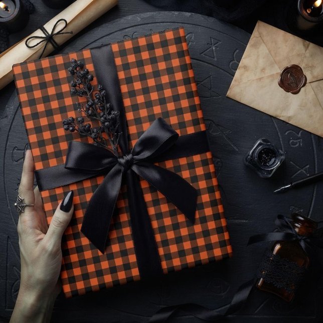 Papel De Presente Xadrez de Gingham Laranja e Preto (Criador carregado)
