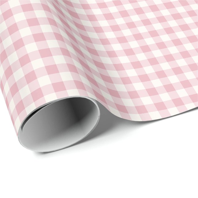 Papel De Presente Xadrez de Gingham Rosa e Creme (Ponta do rolo)