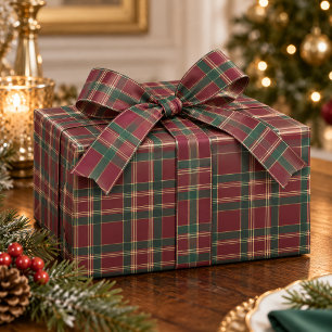 Papel De Presente Xadrez de Natal Burgundy Matte