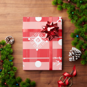 Papel De Presente Xadrez de Natal Rosa Vermelho Flocos de Neve