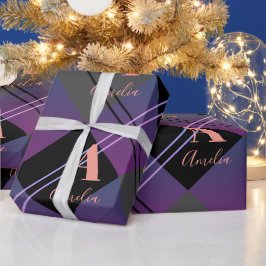 Papel De Presente Xadrez de Natal Roxo Moderno