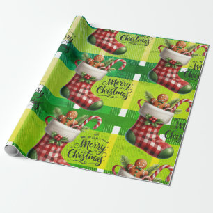 Papel De Presente Xadrez de Natal Verde Brilhante Pão de Natal