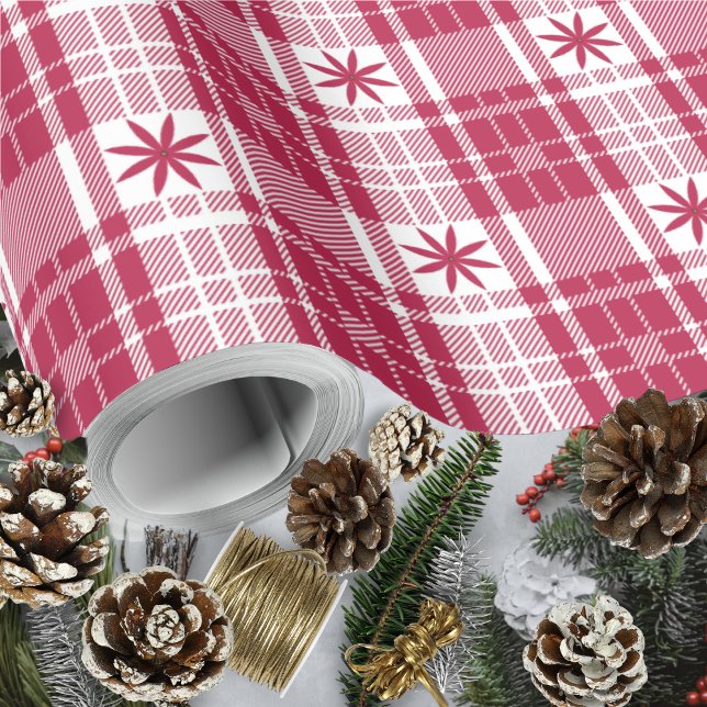 Papel De Presente Xadrez de Natal - Vermelho e Branco com Poinsettia (Christmas Plaid - Red and White with Poinsettia Wrapping Paper Roll by Leapfroglisics Shop)