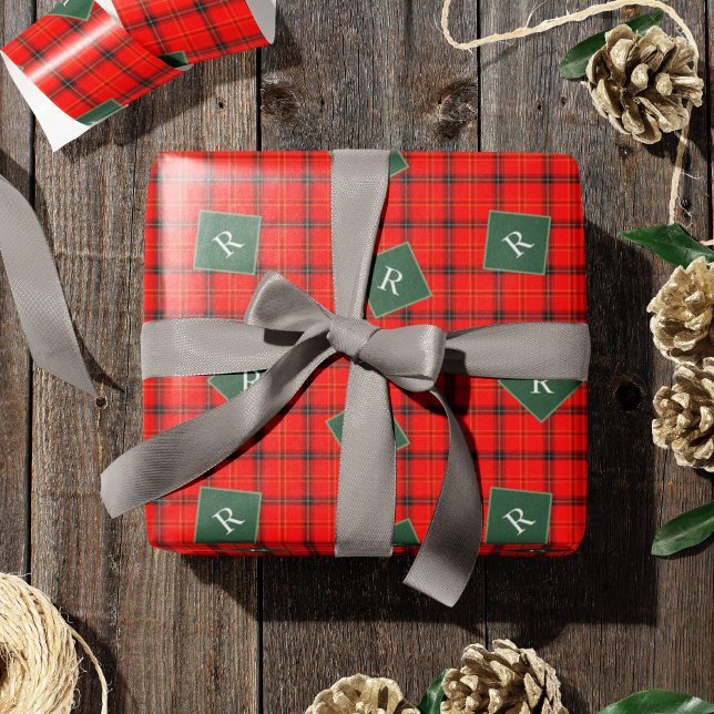 Papel De Presente Xadrez de Natal Vermelho e Verde, Tartan Monograma (Criador carregado)