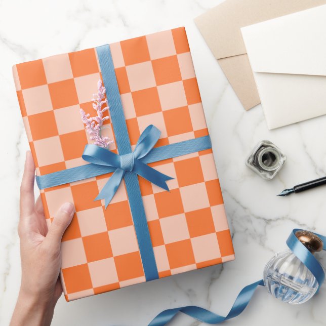Papel De Presente Xadrez de Tartan Laranja Retro Outono (Presentear)