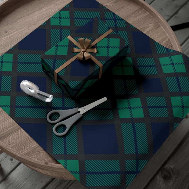 Papel De Presente Xadrez de Tartan preto azul clássico verde (Black Watch Tartan Plaid Classic Blue Green Wrapping Paper)