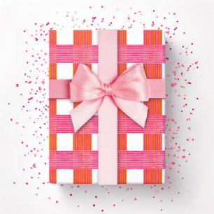 Papel De Presente Xadrez de Tecido em Rosa e Laranja