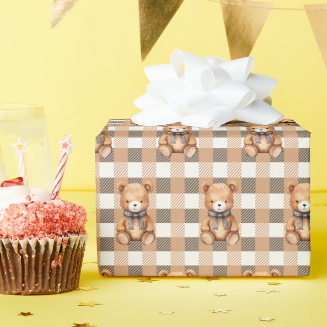Papel De Presente Xadrez de Urso Teddy Neutro Doce  (Festa de aniversário)