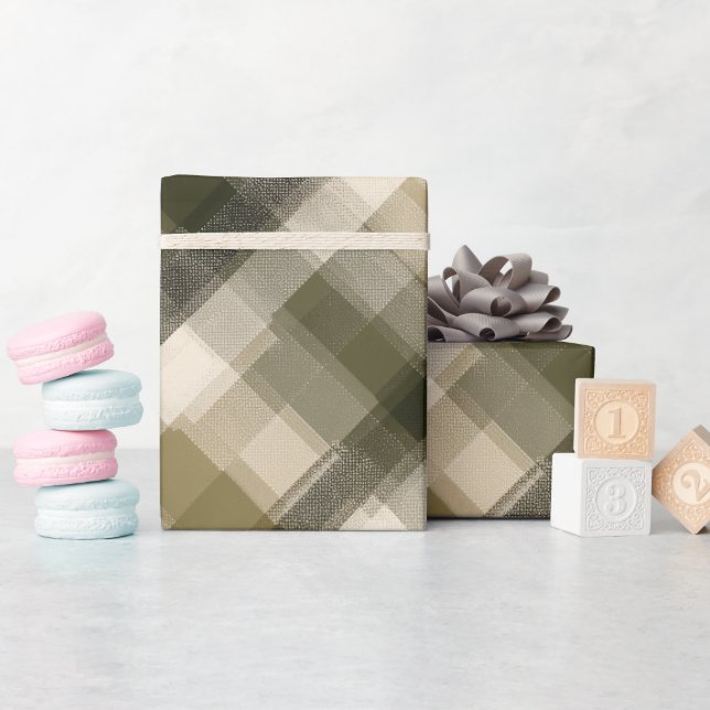 Papel De Presente Xadrez de Verde Caqui Terroso e Areia de Safári (Chá de bebê)