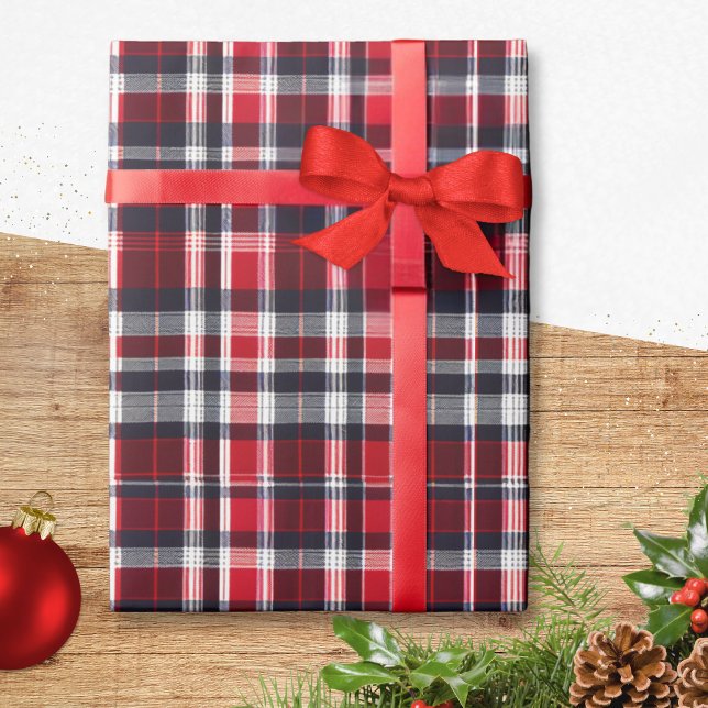 Papel De Presente Xadrez de Verificação de Tartan Vermelho Na moda N (Elegant gift wrapping paper with a tartan plaid pattern in red, white and blue-black)