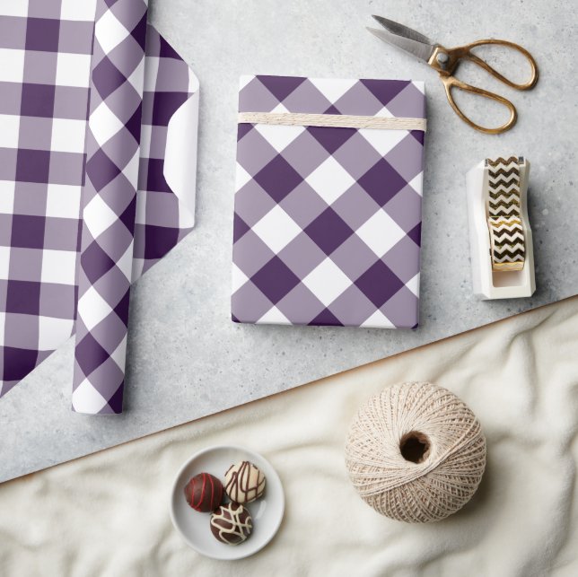 Papel De Presente Xadrez Diagonal de Búfalo Roxo e Branco (Artesanato)