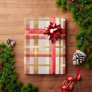 Papel De Presente Xadrez Dourada de Natal Vermelho