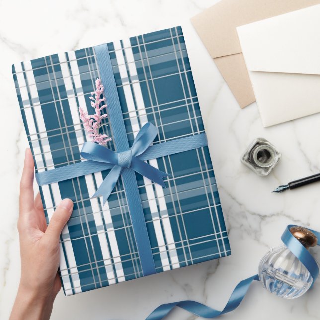 Papel De Presente Xadrez Escocês Clássico Azul e Branco de Inverno (Presentear)