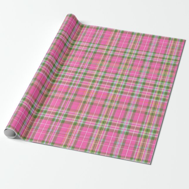 Papel De Presente Xadrez Escocês Rosa e Verde (Desenrolado)