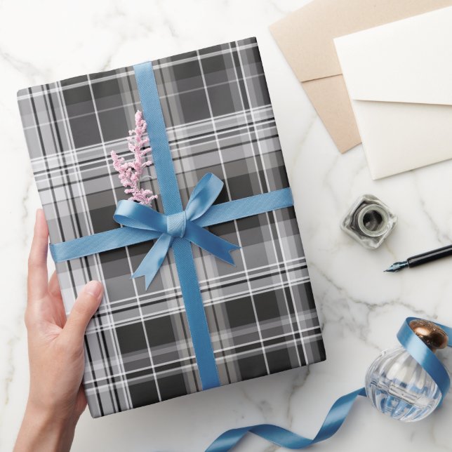 Papel De Presente Xadrez Moderno Cinza Carvão em Aço (Presentear)