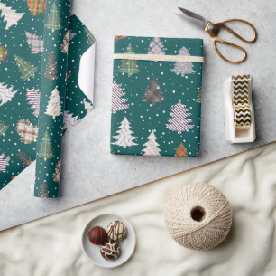 Papel De Presente Xadrez Padrão de Árvores de Natal em Verde