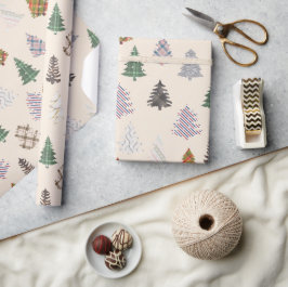 Papel De Presente Xadrez Padrão de Árvores de Natal Padrão em Creme