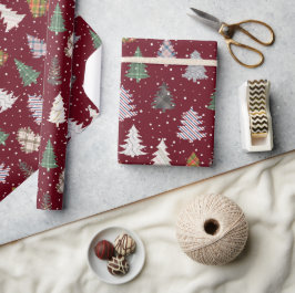 Papel De Presente Xadrez Padrão de Árvores de Natal Padrão em Maroon