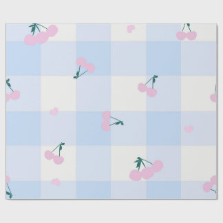 Papel De Presente Xadrez rosa e azul com cerejas