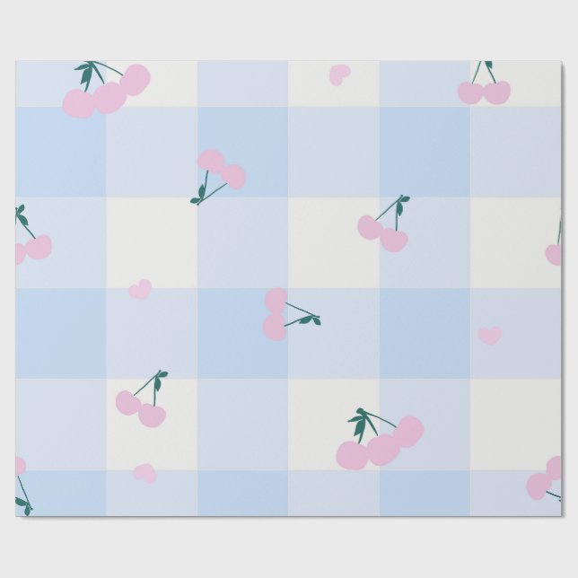 Papel De Presente Xadrez rosa e azul com cerejas (Aberto)