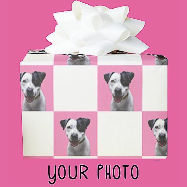 Papel De Presente Xadrez Rosa e Branco com Foto Personalizada  (Criador carregado)