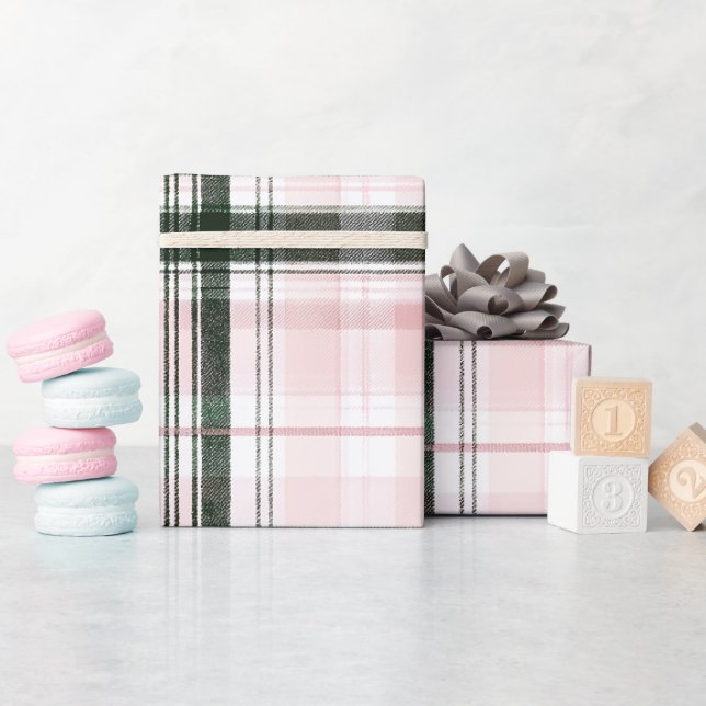 Papel De Presente Xadrez rosa e verde de Natal clássico (Chá de bebê)