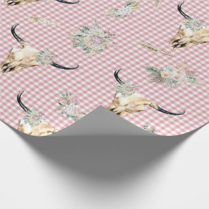 Papel De Presente Xadrez rosa Gingham Cow Skull Boho