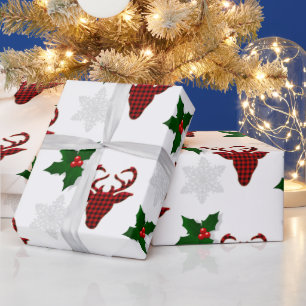 Papel De Presente Xadrez russa de Buffalo Vermelho Deer Snowflake e 