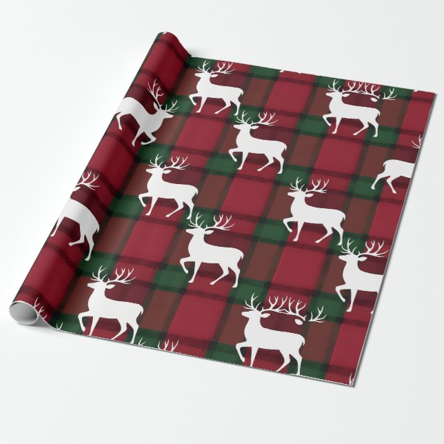 Papel De Presente Xadrez Tartan & Rena branca de Natal (Desenrolado)