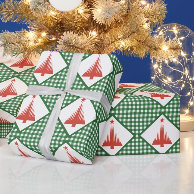 Papel De Presente Xadrez verde de Natal com árvore vermelha (Feriados)