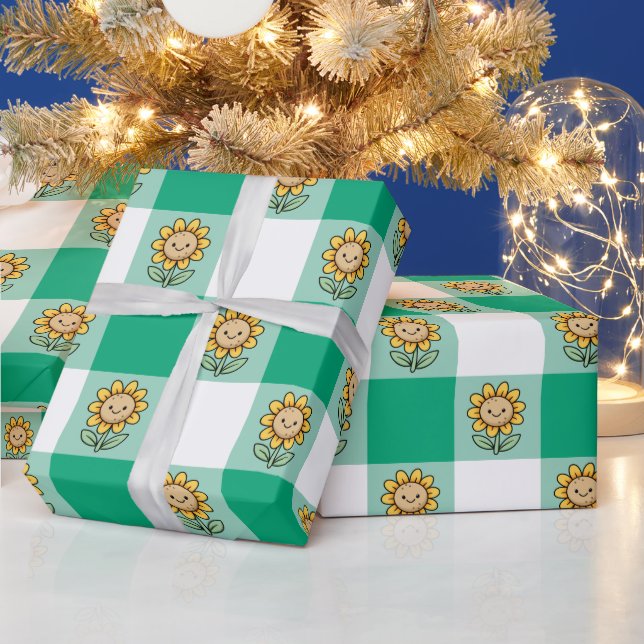 Papel De Presente Xadrez Verde e Girassóis Amarelos (Feriados)
