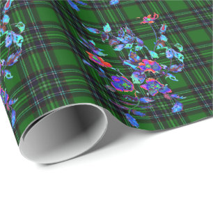 Papel De Presente Xadrez verde e preta com os rosas azuis do vintage