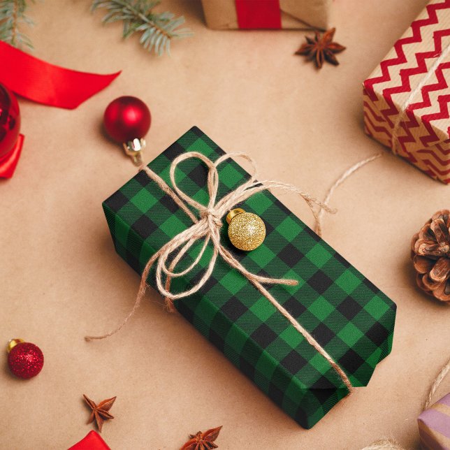 Papel De Presente Xadrez Verde Floresta e Preto (Forest Green and Black Buffalo Plaid Wrapping Paper)