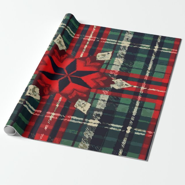 Papel De Presente Xadrez Verde, Vermelho e Bege Festivo com Centro d (Desenrolado)