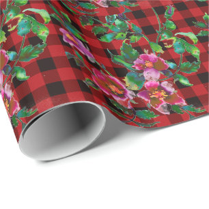 Papel De Presente xadrez vermelha e preta do país com detalhes rosa