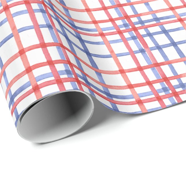 Papel De Presente Xadrez Vermelho Branco e Azul Aquarela (Ponta do rolo)