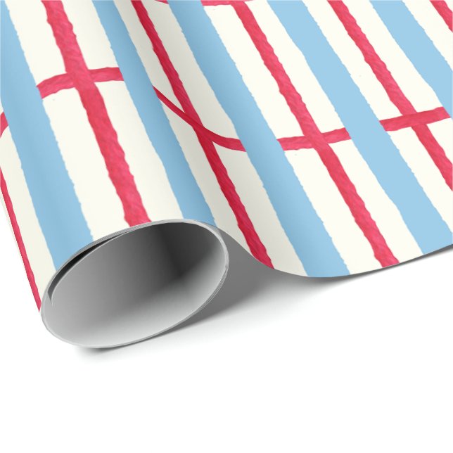 Papel De Presente Xadrez Vermelho Branco e Azul Aquarela (Ponta do rolo)