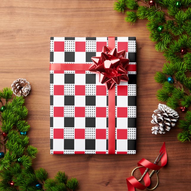 Papel De Presente Xadrez vermelho e preto e branco buffalo plaid (Presente de Natal)