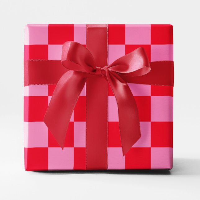 Papel De Presente Xadrez Vermelho e Rosa Grande (Big Red and Pink Checkered Wrapping Paper)