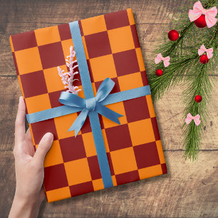 Papel De Presente Xadrez Vintage Bege e Laranja