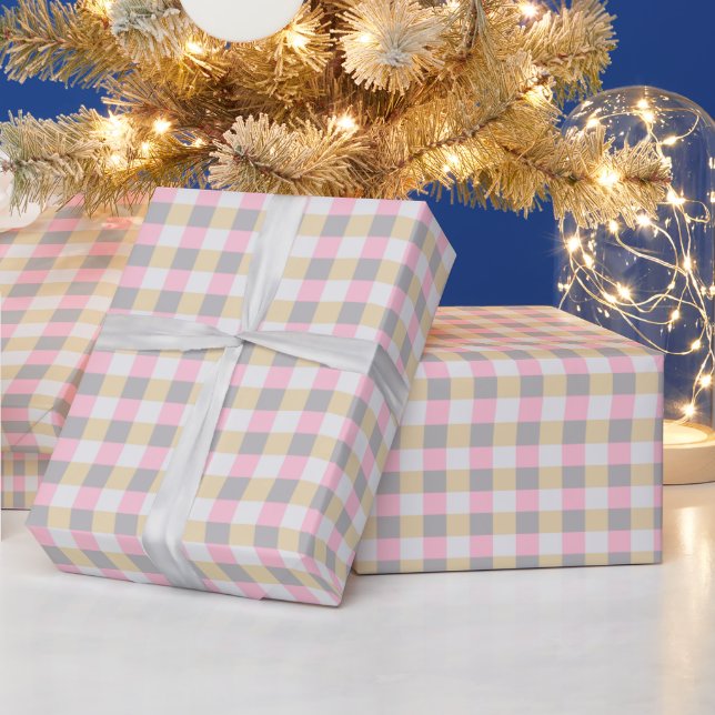 Papel De Presente Xadrezinho Rosa Cinza e Amarelo  (Feriados)