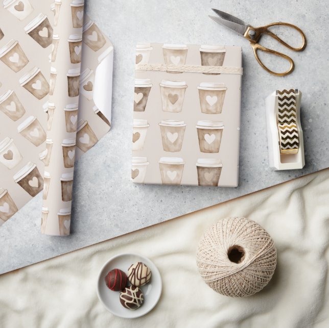 Papel De Presente Xícaras de Café com Coração de Creme (Artesanato)