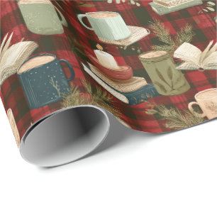 Papel De Presente Xícaras de café de Natal Livros Velas Plaid Vermel