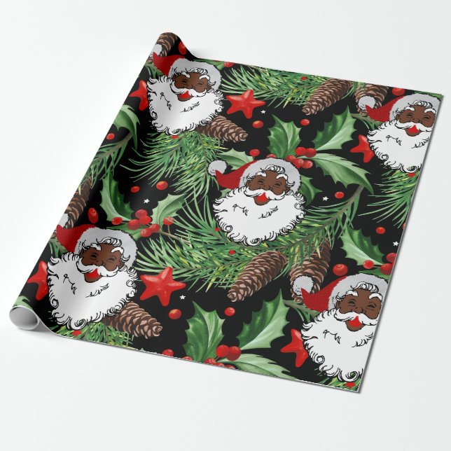 Papel De Presente xmas holly black santa claus (Desenrolado)