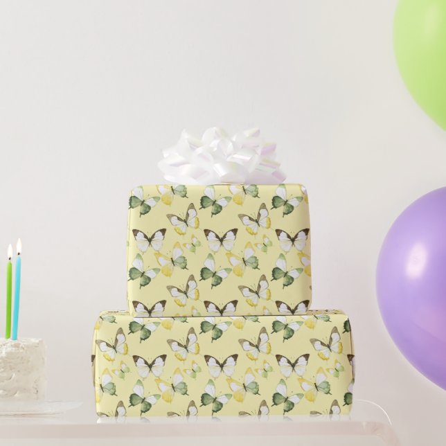 Papel De Presente Yellow Green Butterflies Birthday (Presentes para festas)