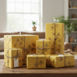 Papel De Presente Yellow Honey Bee & Honeycomb