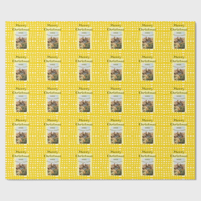 Papel De Presente Yellow white plaid retro Christmas holiday family  (Aberto)