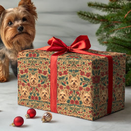 Papel De Presente Yorkie Vitoriano Floral de Férias em Dourado Antig